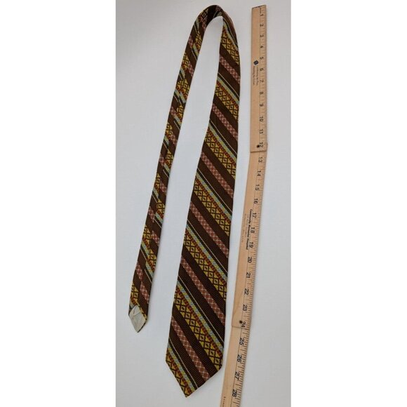 Vintage 60s 70s Men's Tie Brown Yellow Blue Striped - Picture 5 of 9